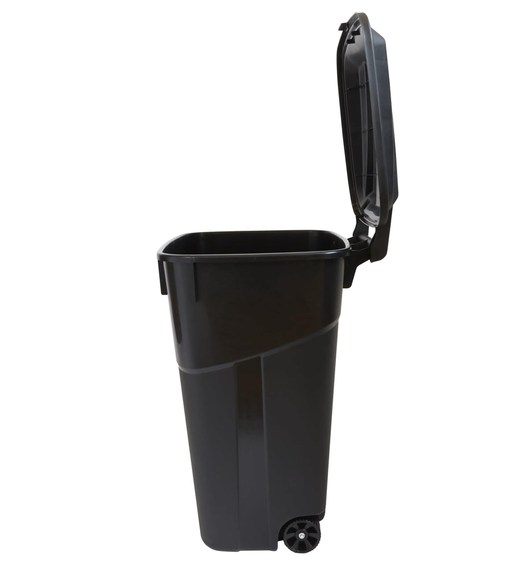 32 Gallon Black Plastic Garbage Can with Attached Lid Q510