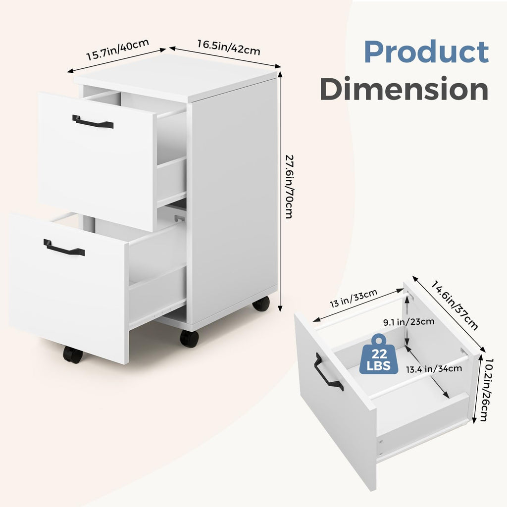 2 Drawer White Rolling Wood File Cabinet T2259