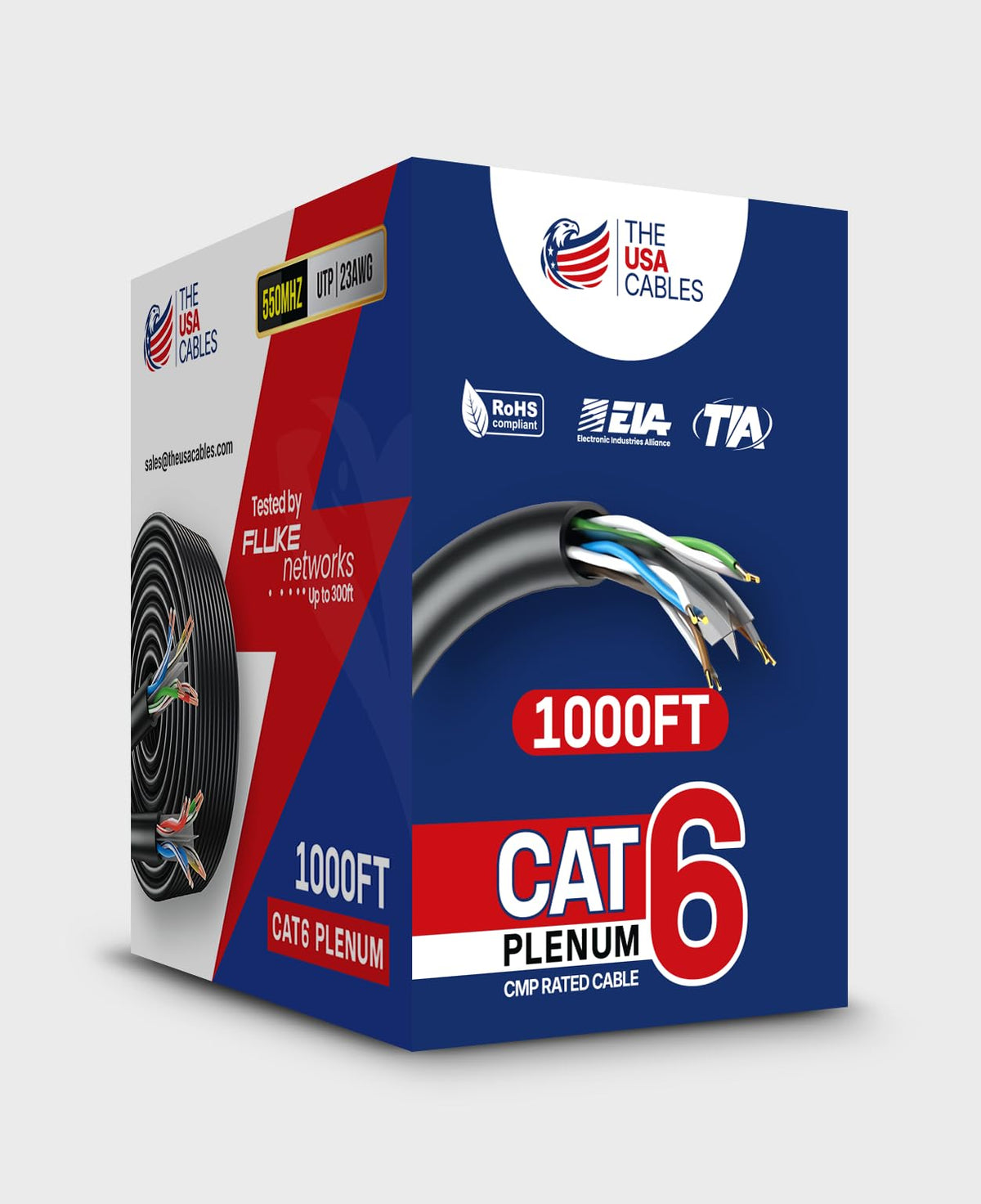Cat6 Plenum Ethernet Cable 1000FT CMP Rated 23AWG Solid Conductor UTP Blue X69792