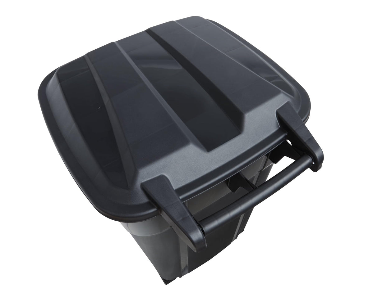 32 Gallon Black Plastic Garbage Can with Attached Lid Q510