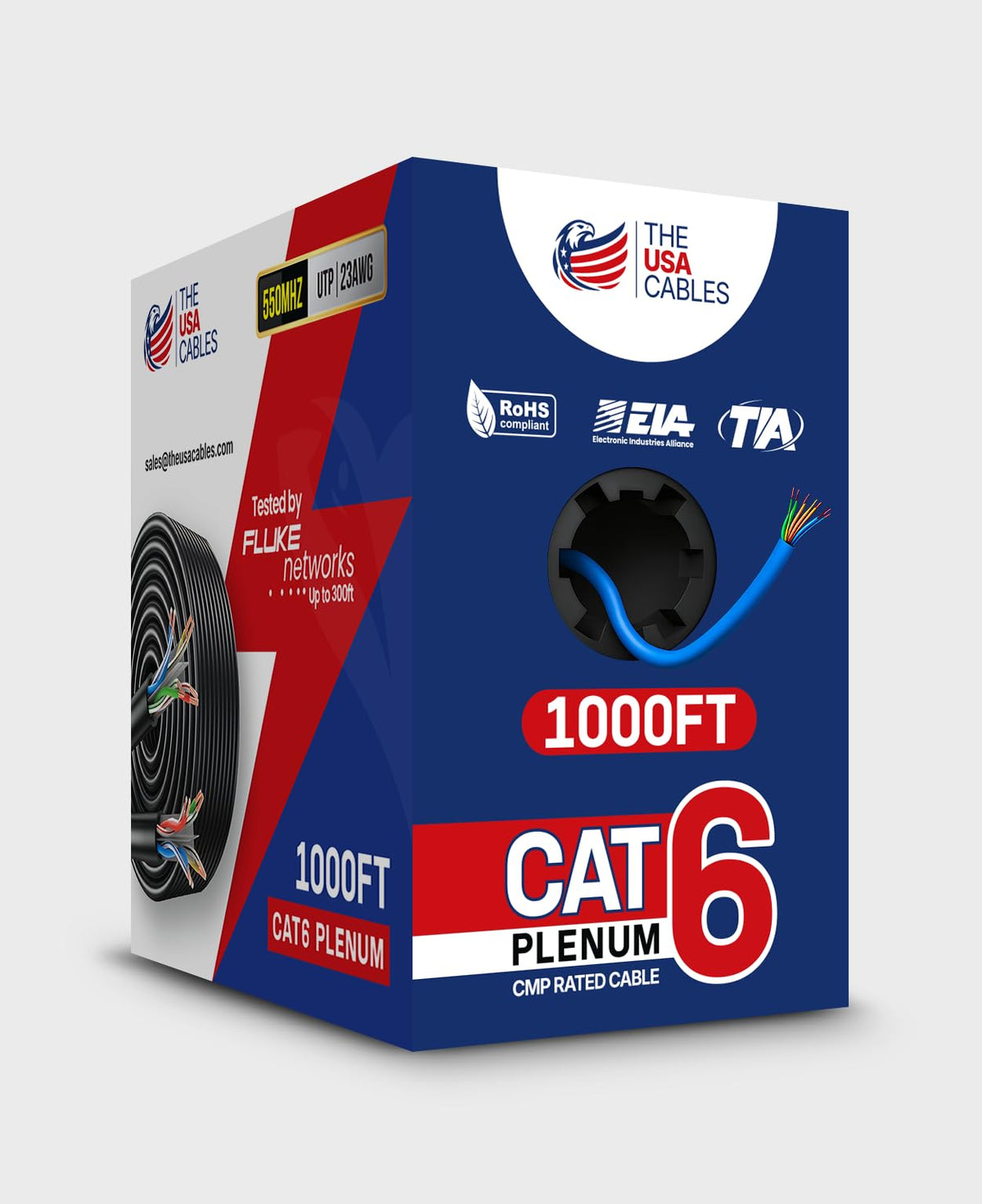 Cat6 Plenum Ethernet Cable 1000FT CMP Rated 23AWG Solid Conductor UTP Blue X69792
