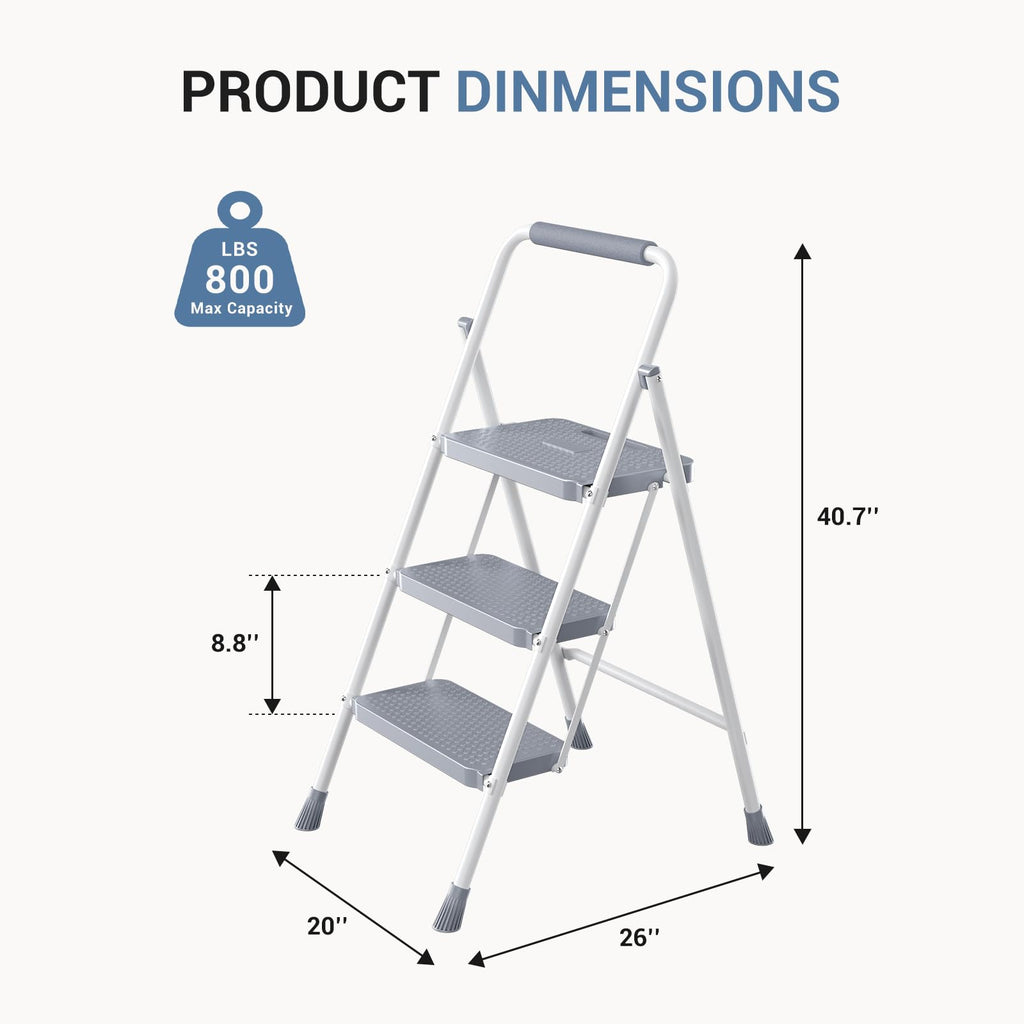 3 Step Ladder with Anti-Slip Pedal and Handrail, 800lbs, Grey J472351