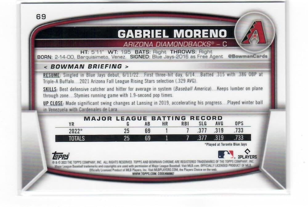 2023 Bowman Chrome Mega Box Mojo Refractor Navy #69 Gabriel Moreno RC Rookie Card /175 Arizona Diamondbacks Baseball NM-MT A860
