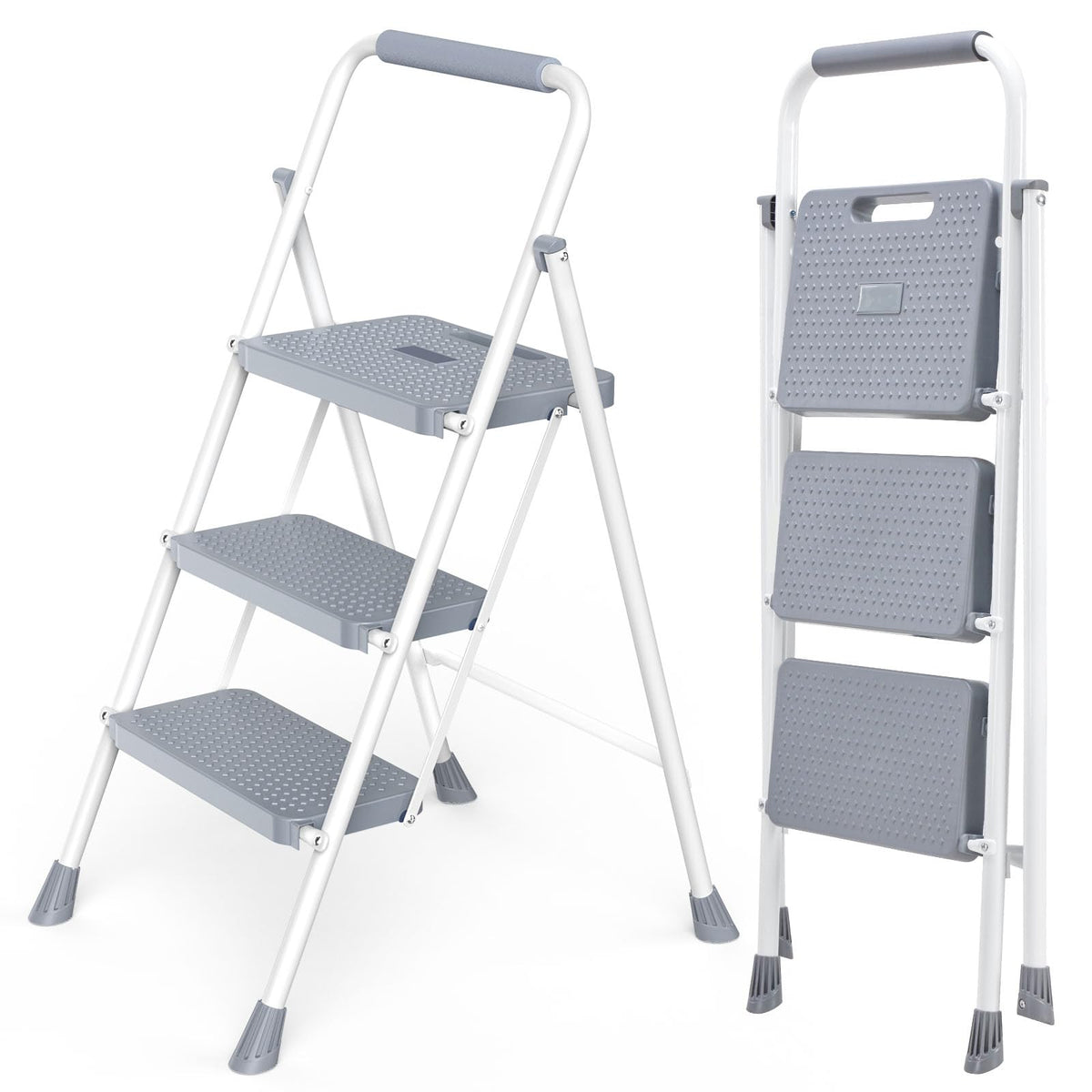 3 Step Ladder with Anti-Slip Pedal and Handrail, 800lbs, Grey J472351