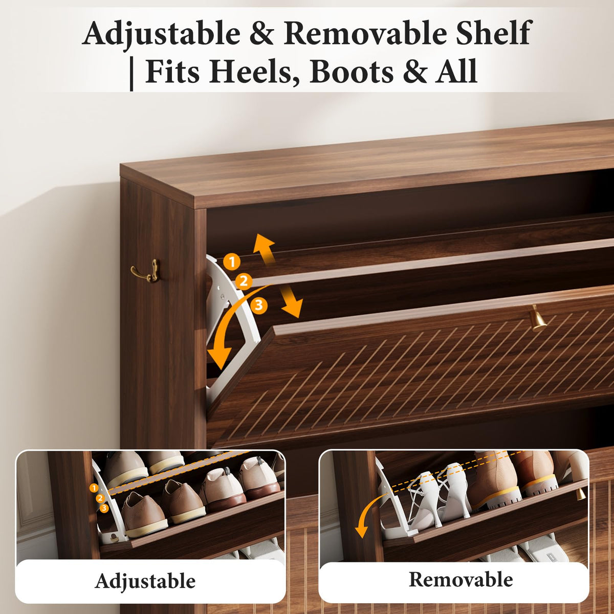 Luminous Walnut Shoe Storage Cabinet with Adjustable Shelves D640968