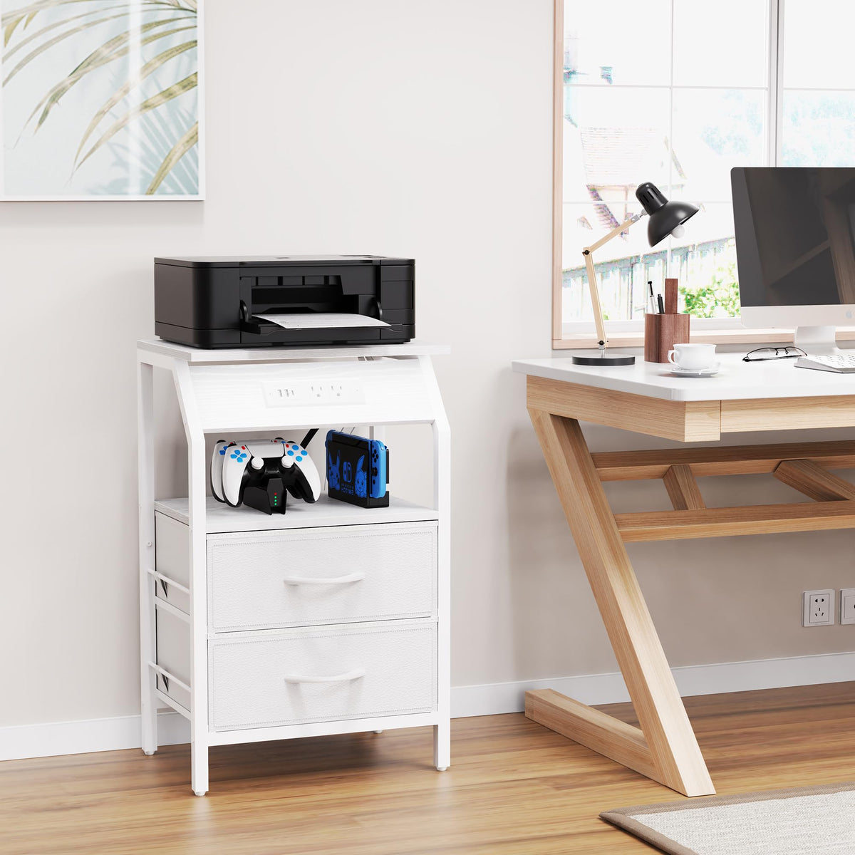End Table with LED Lights, 2 Fabric Drawers and Charging Station X71079