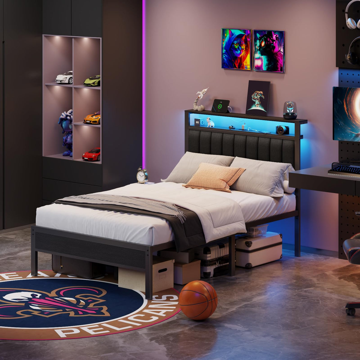 Full Size Bed Frame with Charging Station and LED Lights S52805