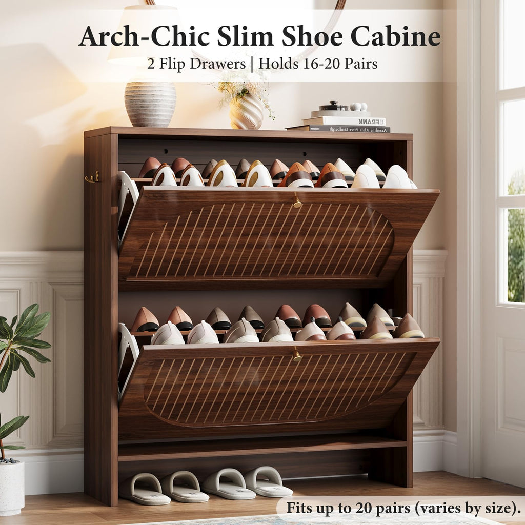 Luminous Walnut Shoe Storage Cabinet with Adjustable Shelves D640968