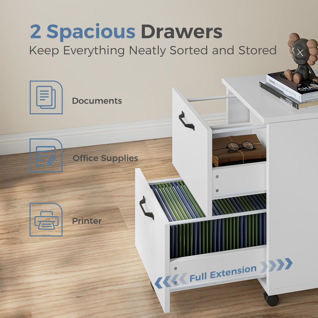 2 Drawer White Rolling Wood File Cabinet T2259