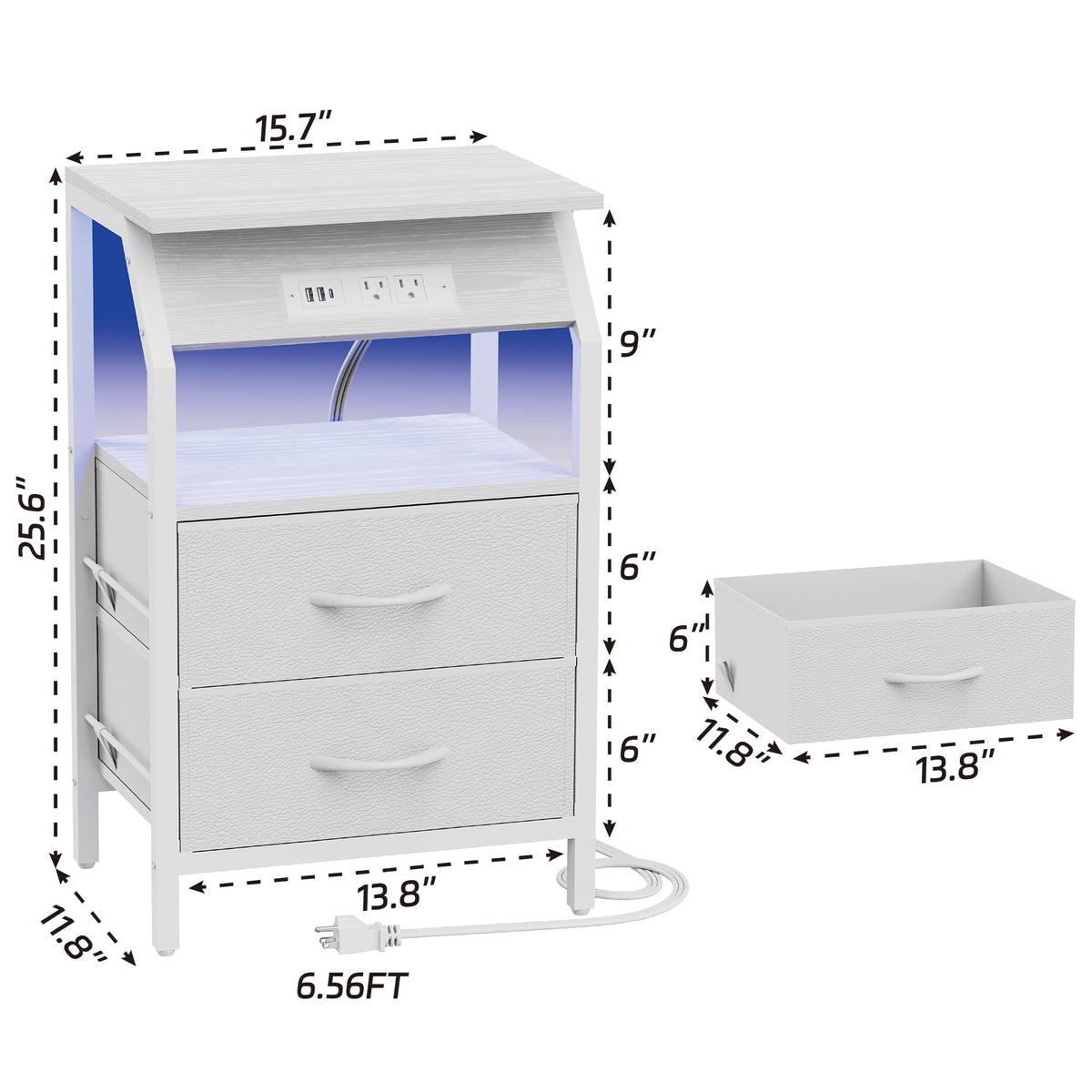 End Table with LED Lights, 2 Fabric Drawers and Charging Station X71079