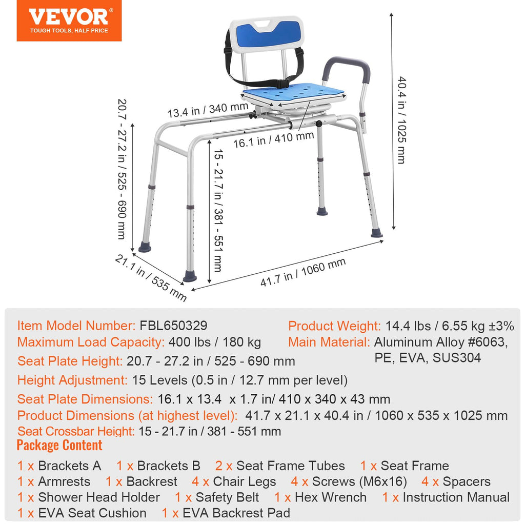 Sliding Tub Transfer Bench with 360 Degree Swivel Seat V13849
