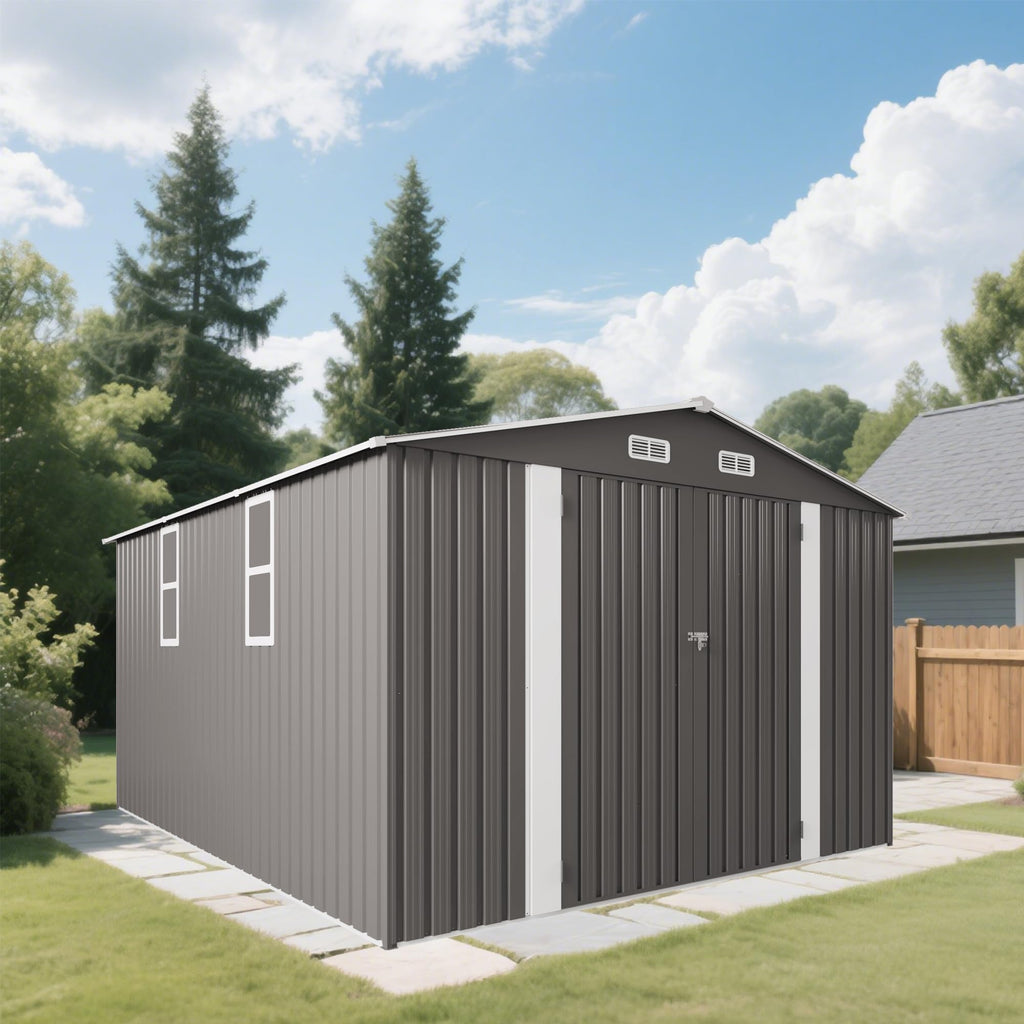 10x12 FT Grey Metal Storage Shed with Double Doors Q3942