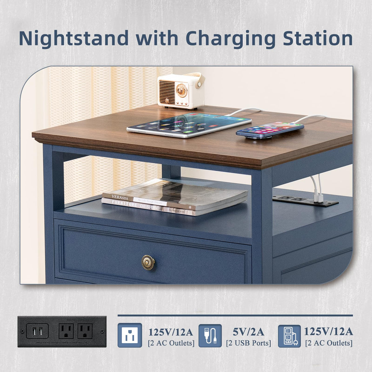 Blue 2 Drawer Wood Nightstand Y3311