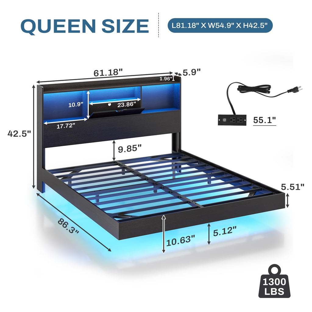 Queen Size Metal Platform Bed Frame with LED Lights and Storage Headboard J9330