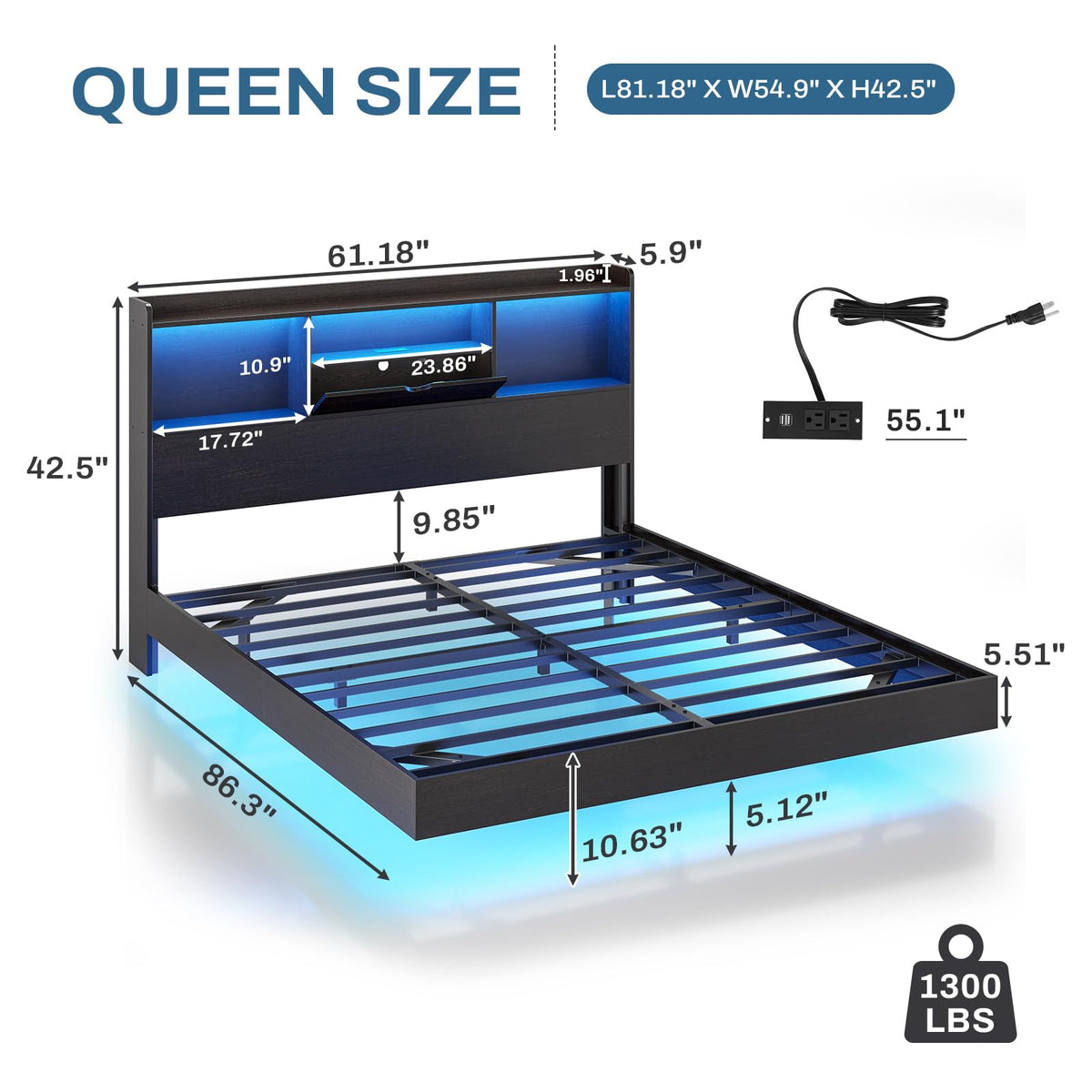 Queen Size Metal Platform Bed Frame with LED Lights and Storage Headboard J9330