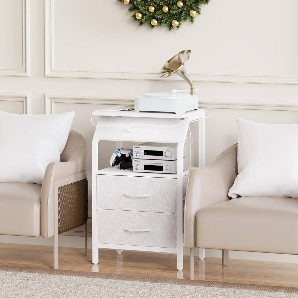 End Table with LED Lights, 2 Fabric Drawers and Charging Station X71079