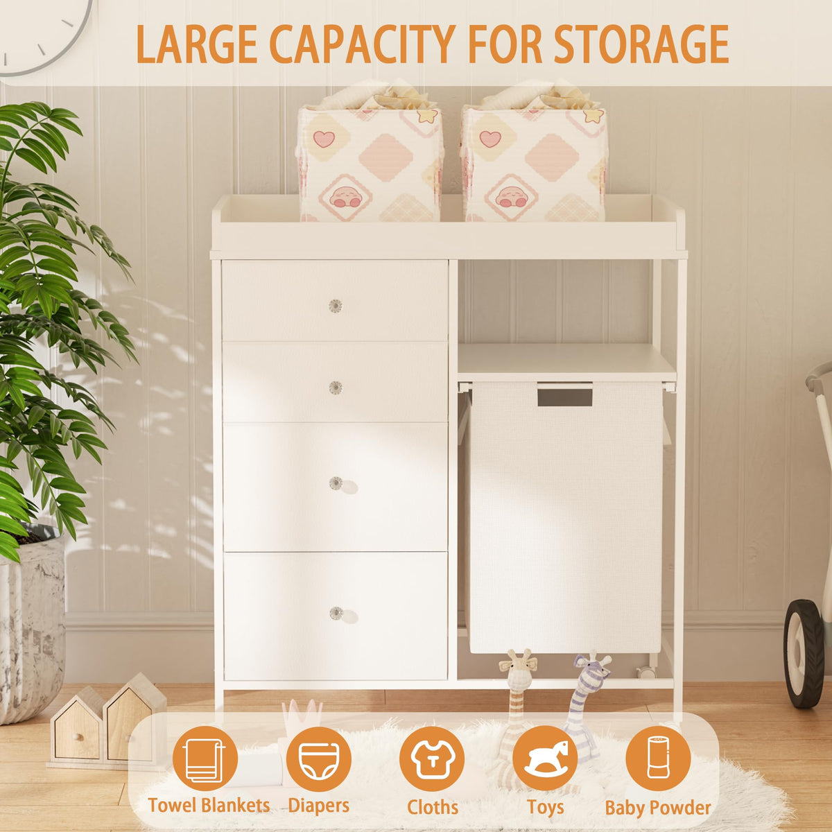 Diaper Changing Station with Wheels and Laundry Hamper W2555