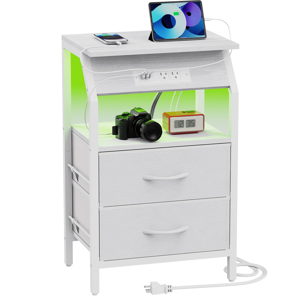 End Table with LED Lights, 2 Fabric Drawers and Charging Station X71079