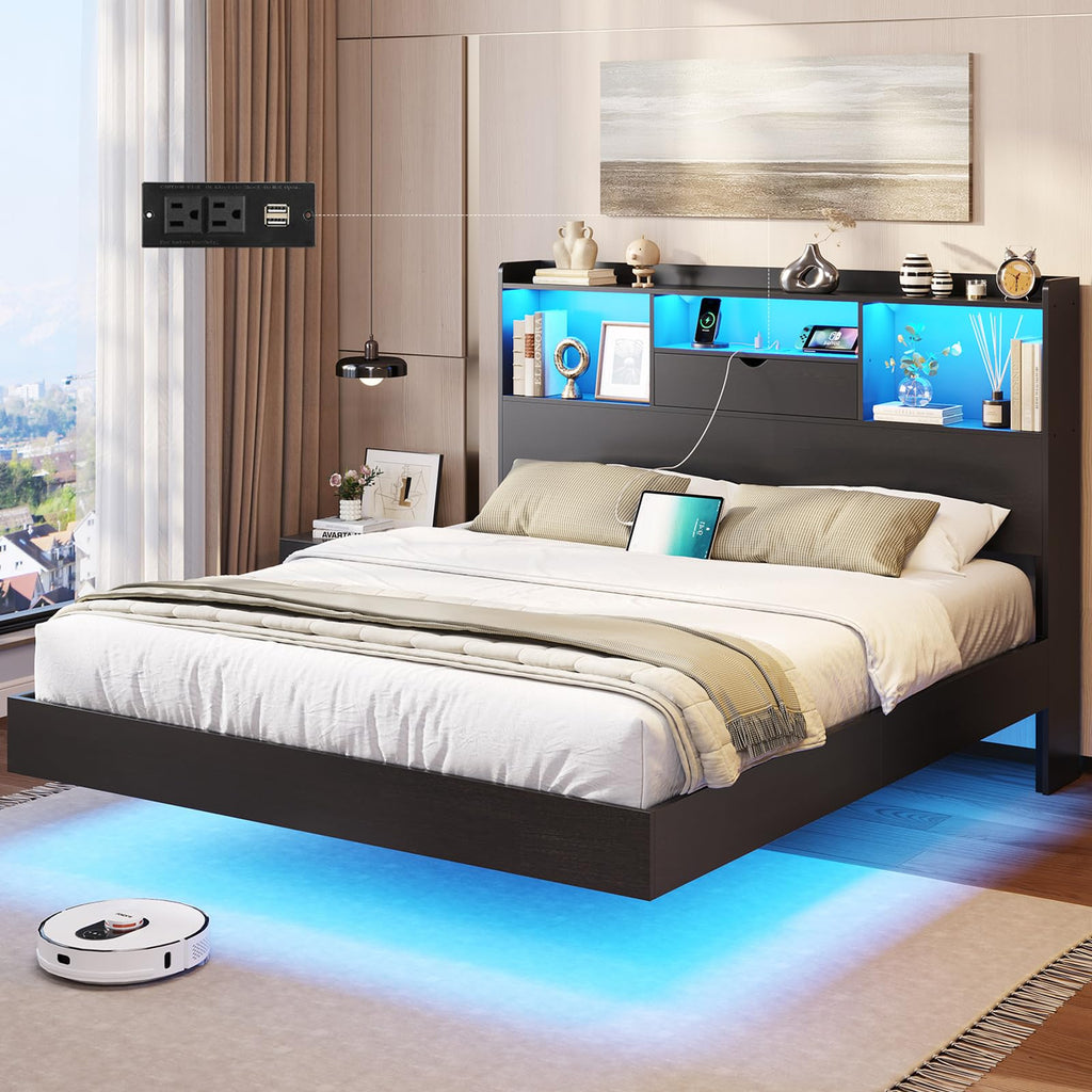 Queen Size Metal Platform Bed Frame with LED Lights and Storage Headboard J9330