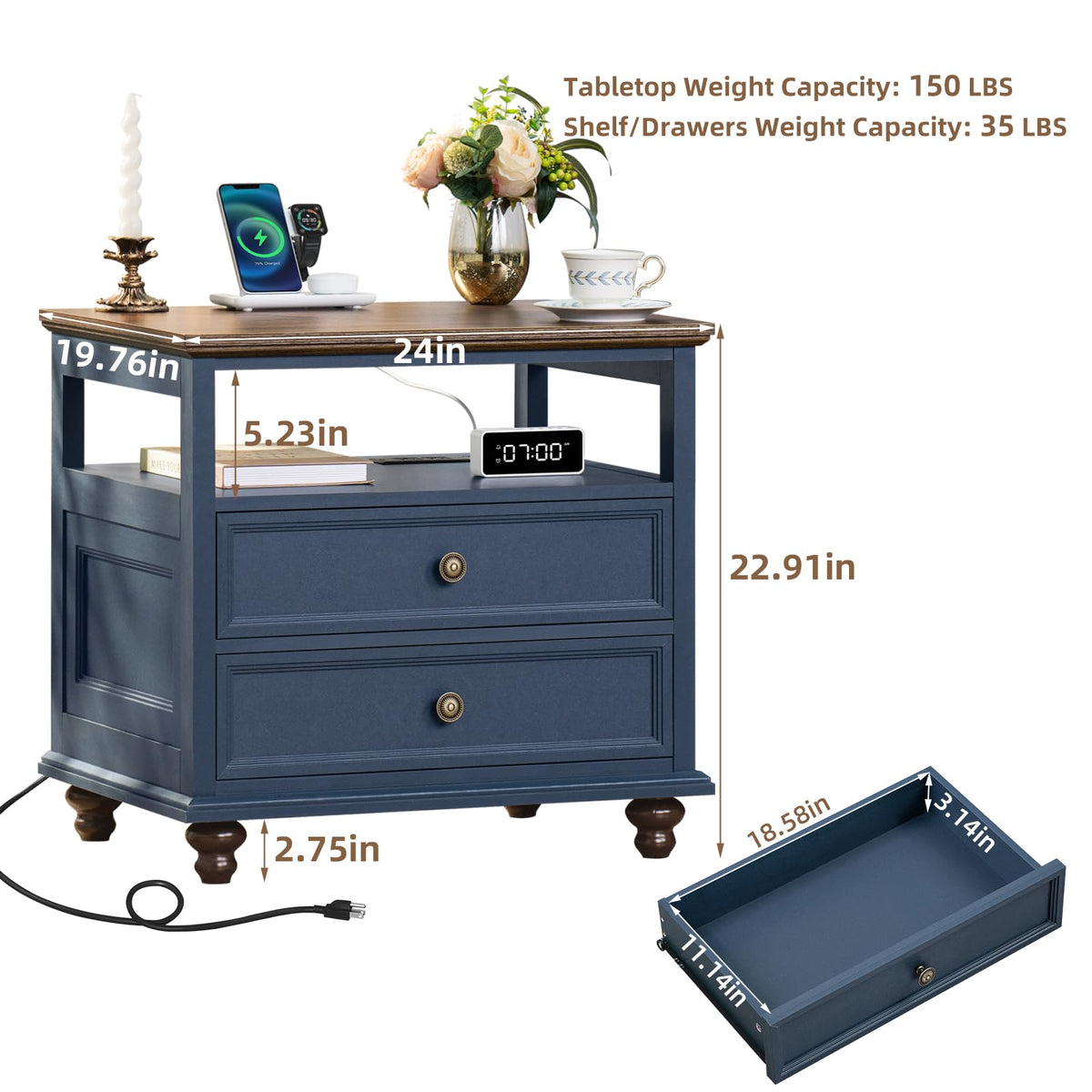 Blue 2 Drawer Wood Nightstand Y3311
