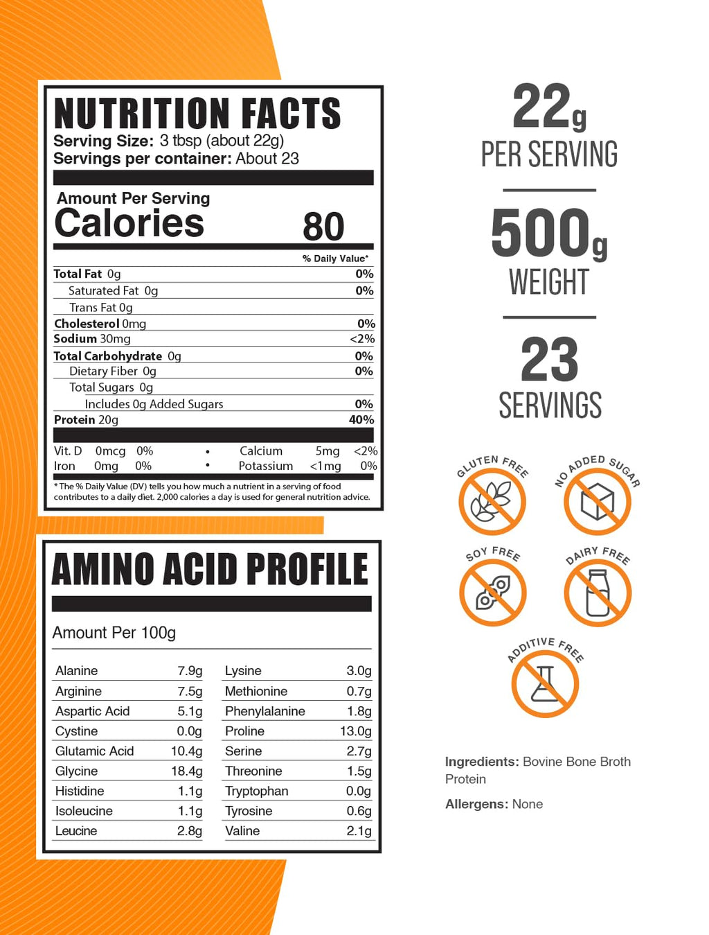 Beef Bone Broth Protein Powder, Lactose Free Dairy Free Gluten Free, 500g A81387