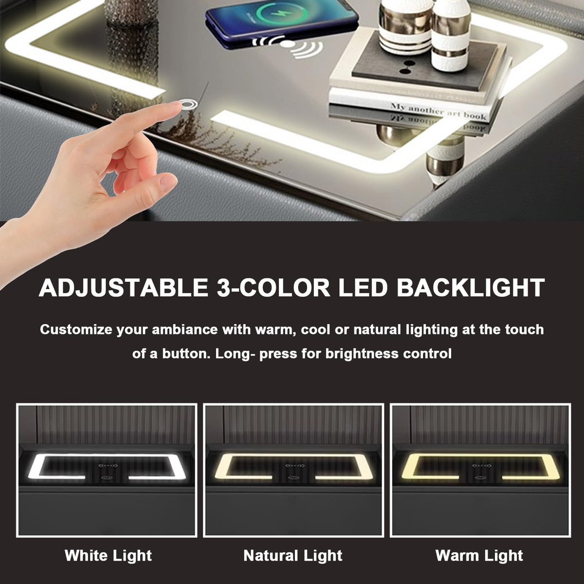 White 3 Drawer Smart Nightstand with Wireless Charging and LED Lights K165