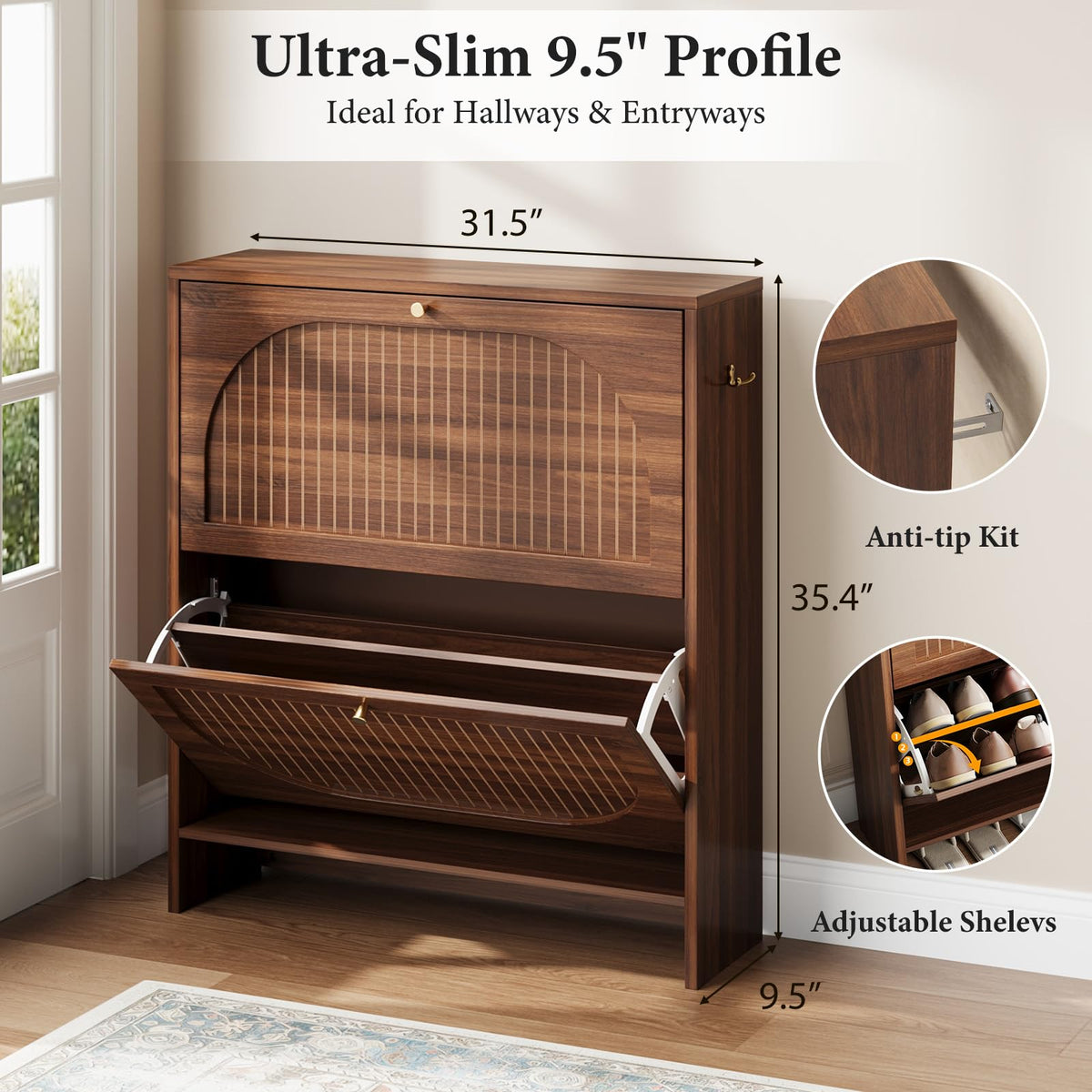 Luminous Walnut Shoe Storage Cabinet with Adjustable Shelves D640968