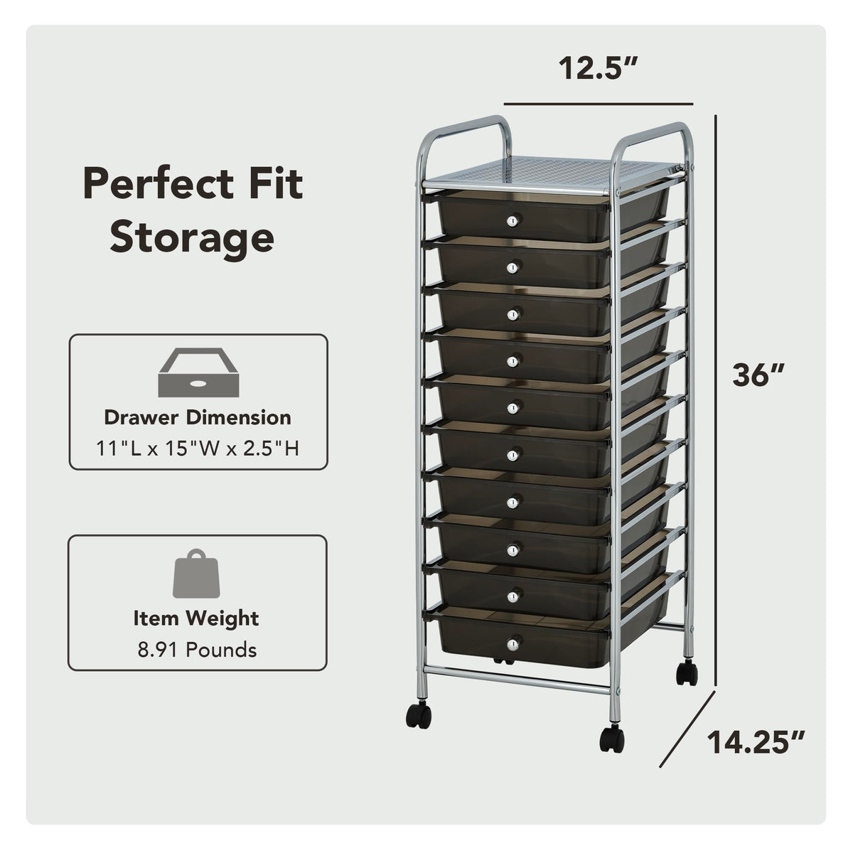 10 Drawer Rolling Storage Cart with Black Drawers T54372