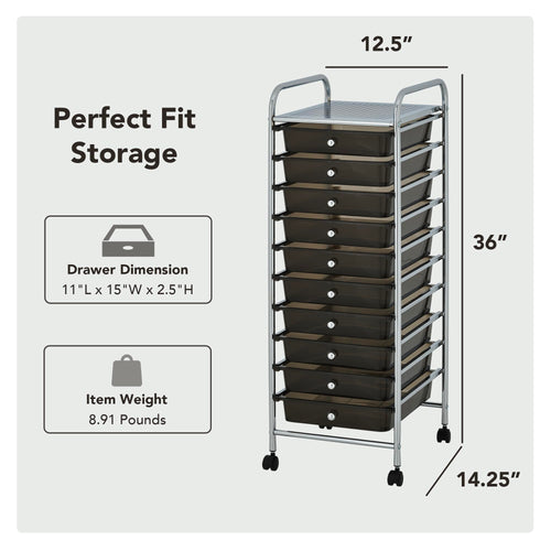 10 Drawer Rolling Storage Cart with Black Drawers T54372