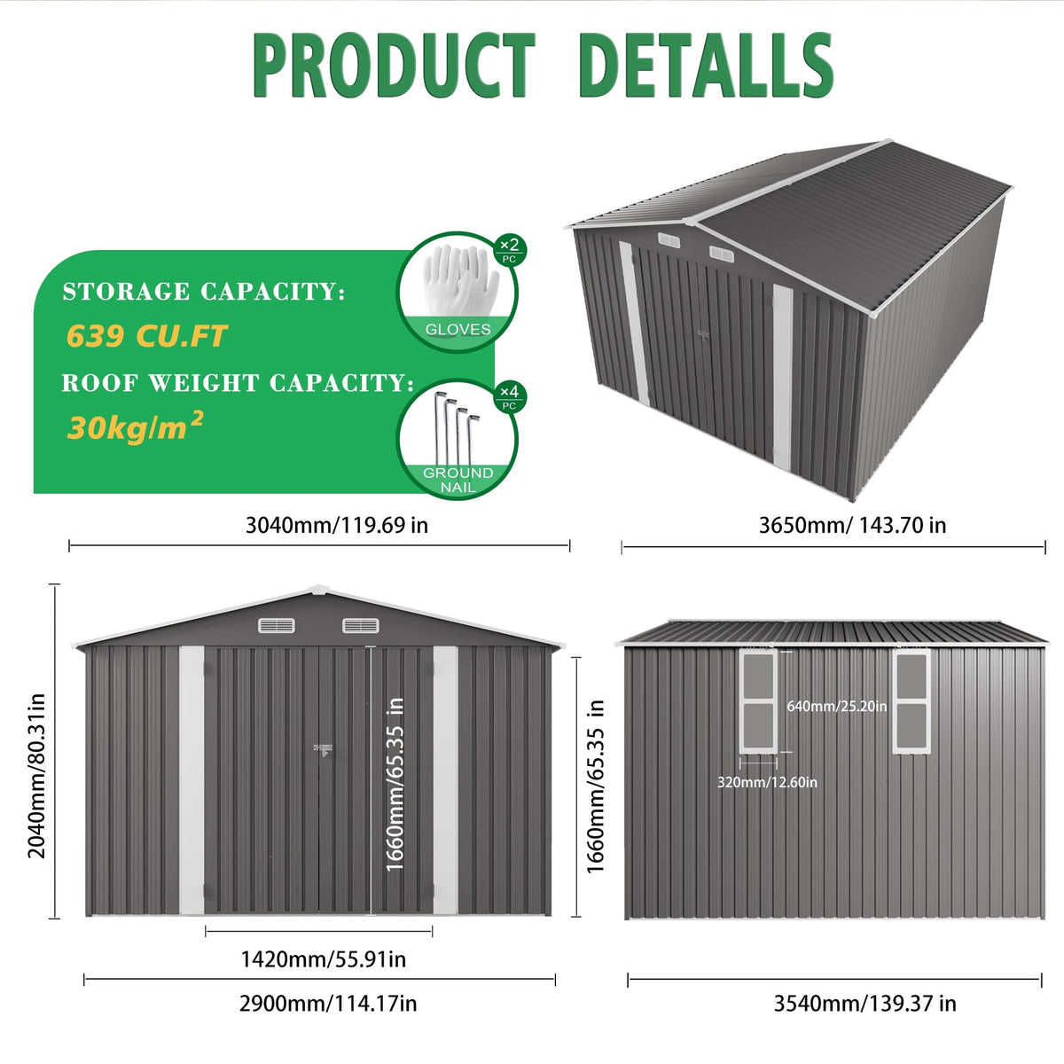 10x12 FT Grey Metal Storage Shed with Double Doors Q3942
