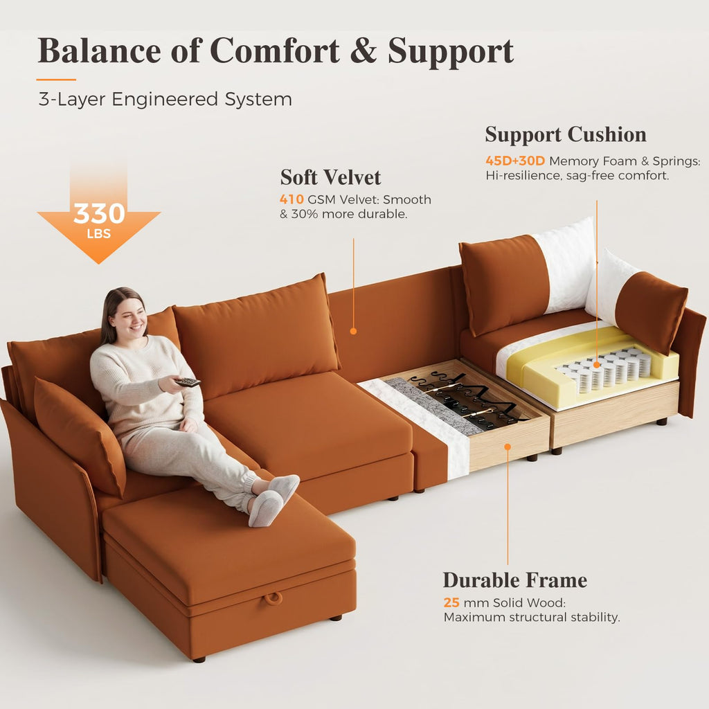 102.6" L Shaped 4 Seater Velvet Sectional Sofa with Storage Ottoman X414901