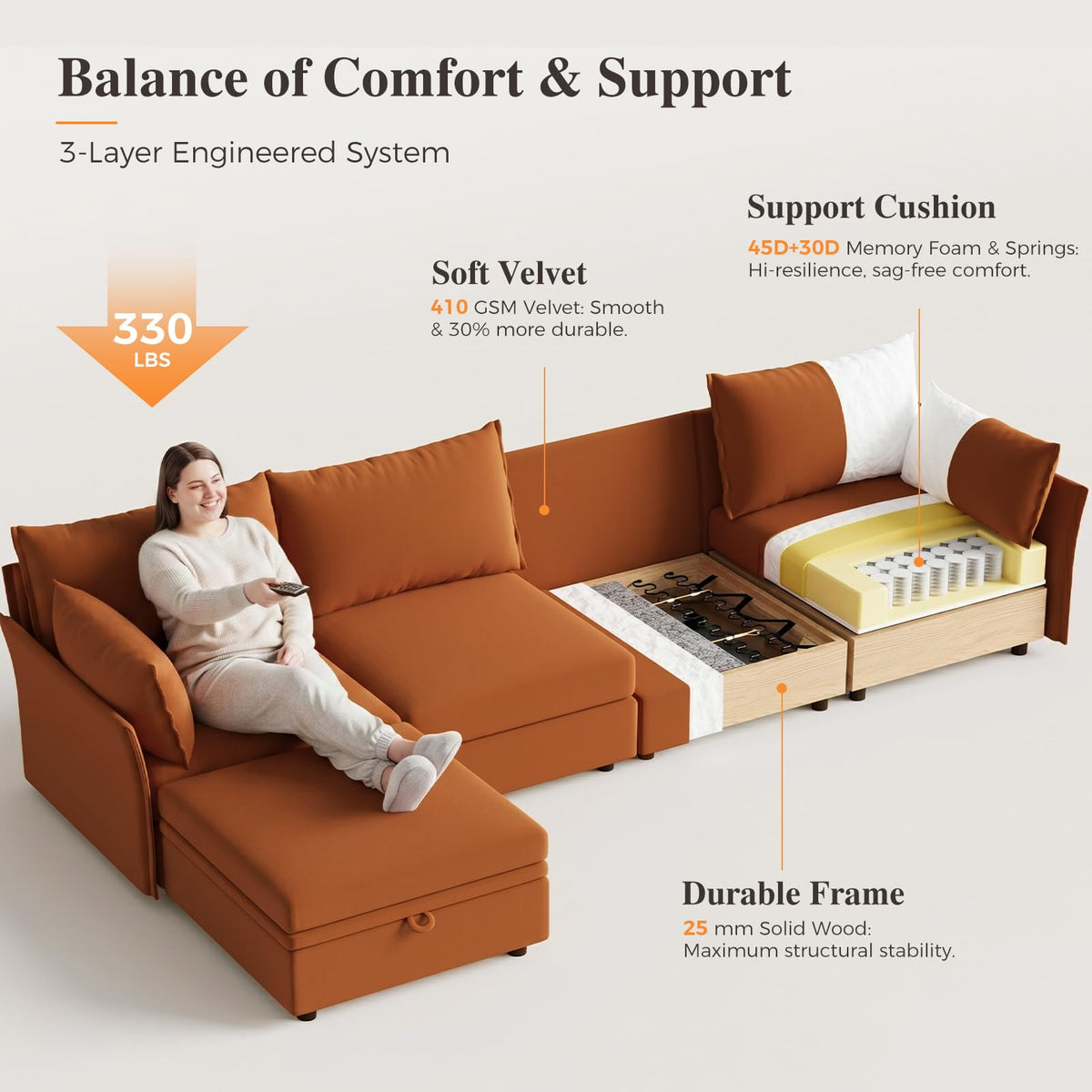 102.6" L Shaped 4 Seater Velvet Sectional Sofa with Storage Ottoman X414901