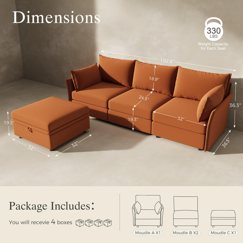 102.6" L Shaped 4 Seater Velvet Sectional Sofa with Storage Ottoman X414901