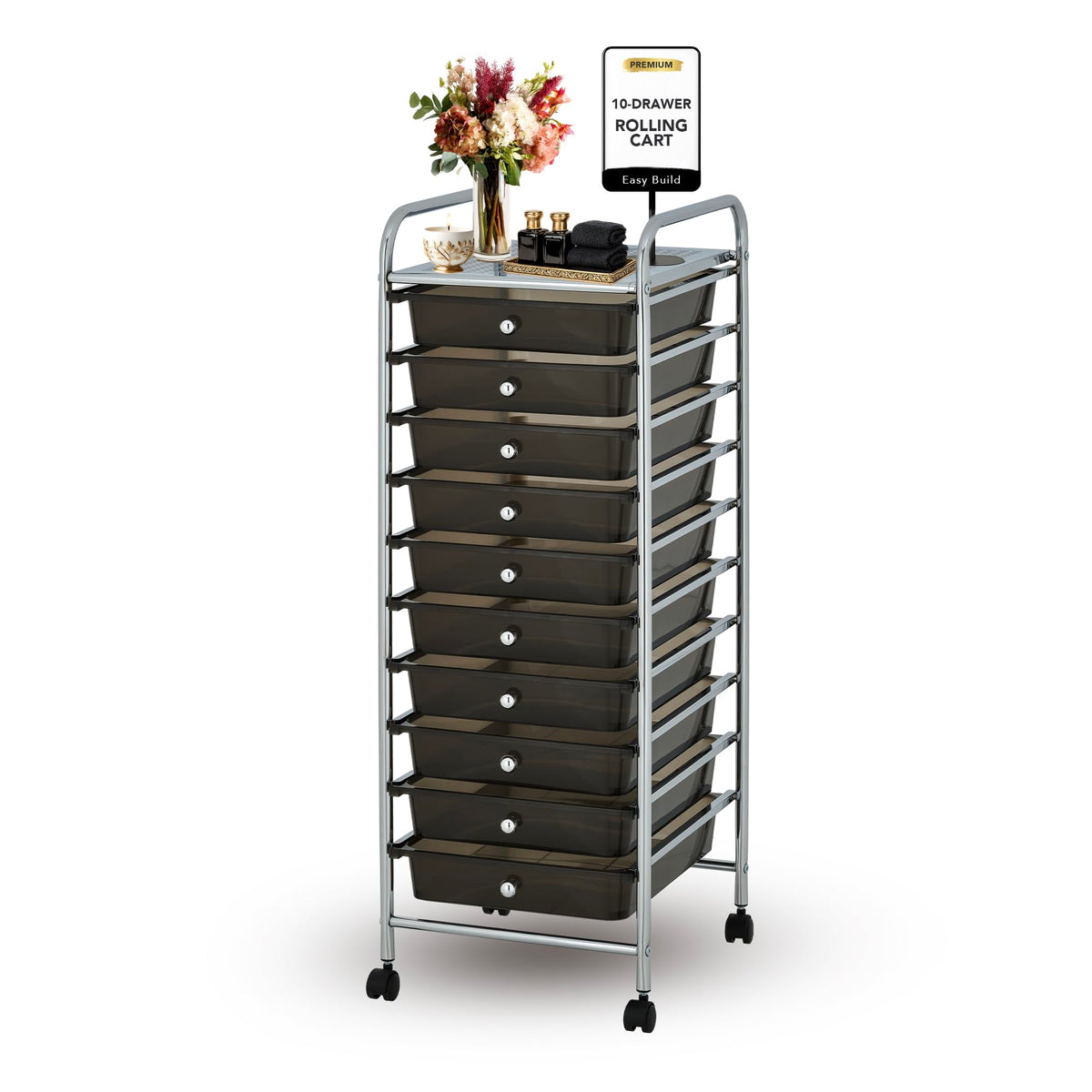 10 Drawer Rolling Storage Cart with Black Drawers T54372