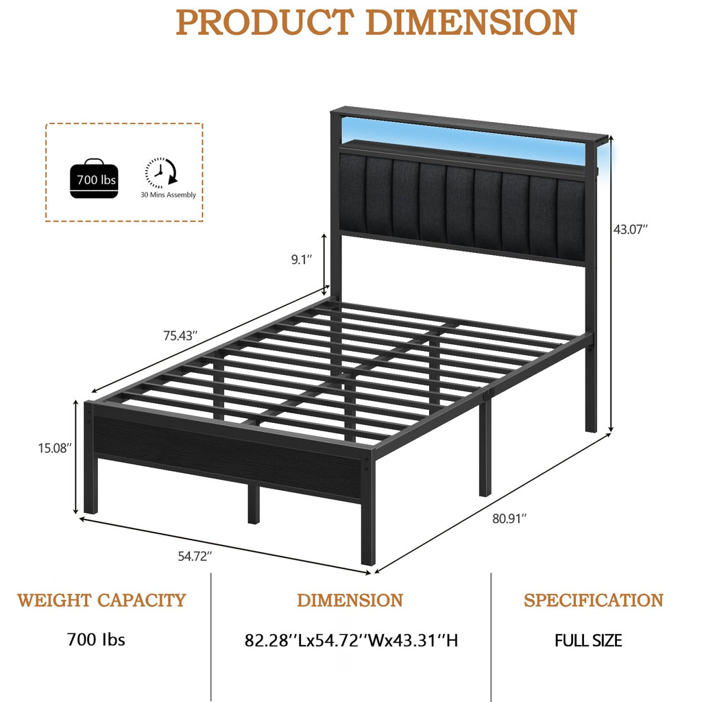 Full Size Bed Frame with Charging Station and LED Lights S52805