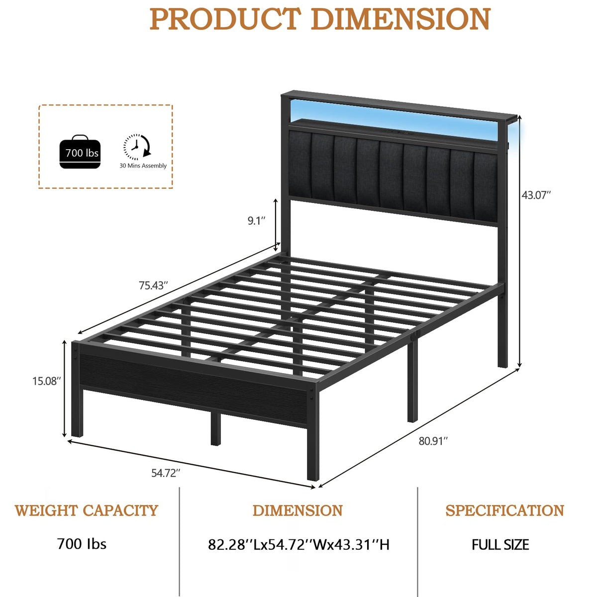 Full Size Bed Frame with Charging Station and LED Lights S52805