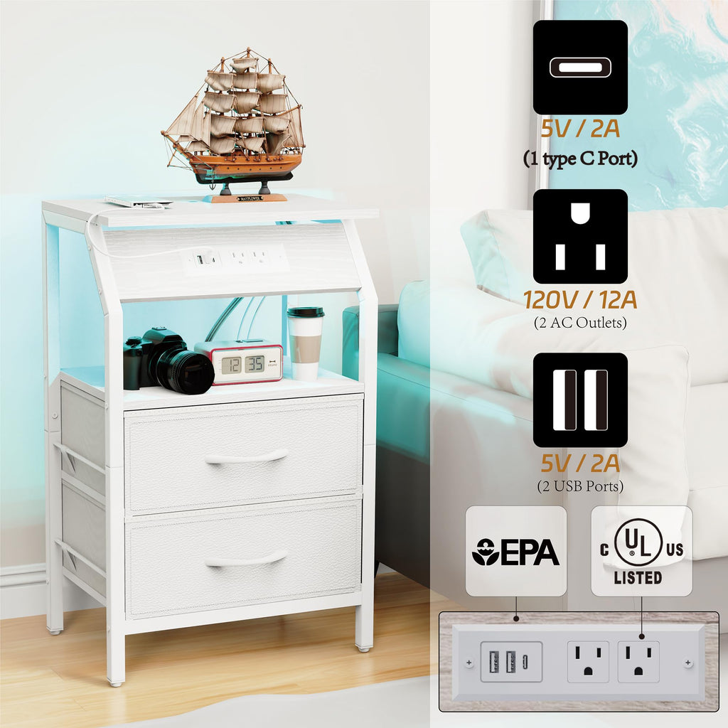 End Table with LED Lights, 2 Fabric Drawers and Charging Station X71079