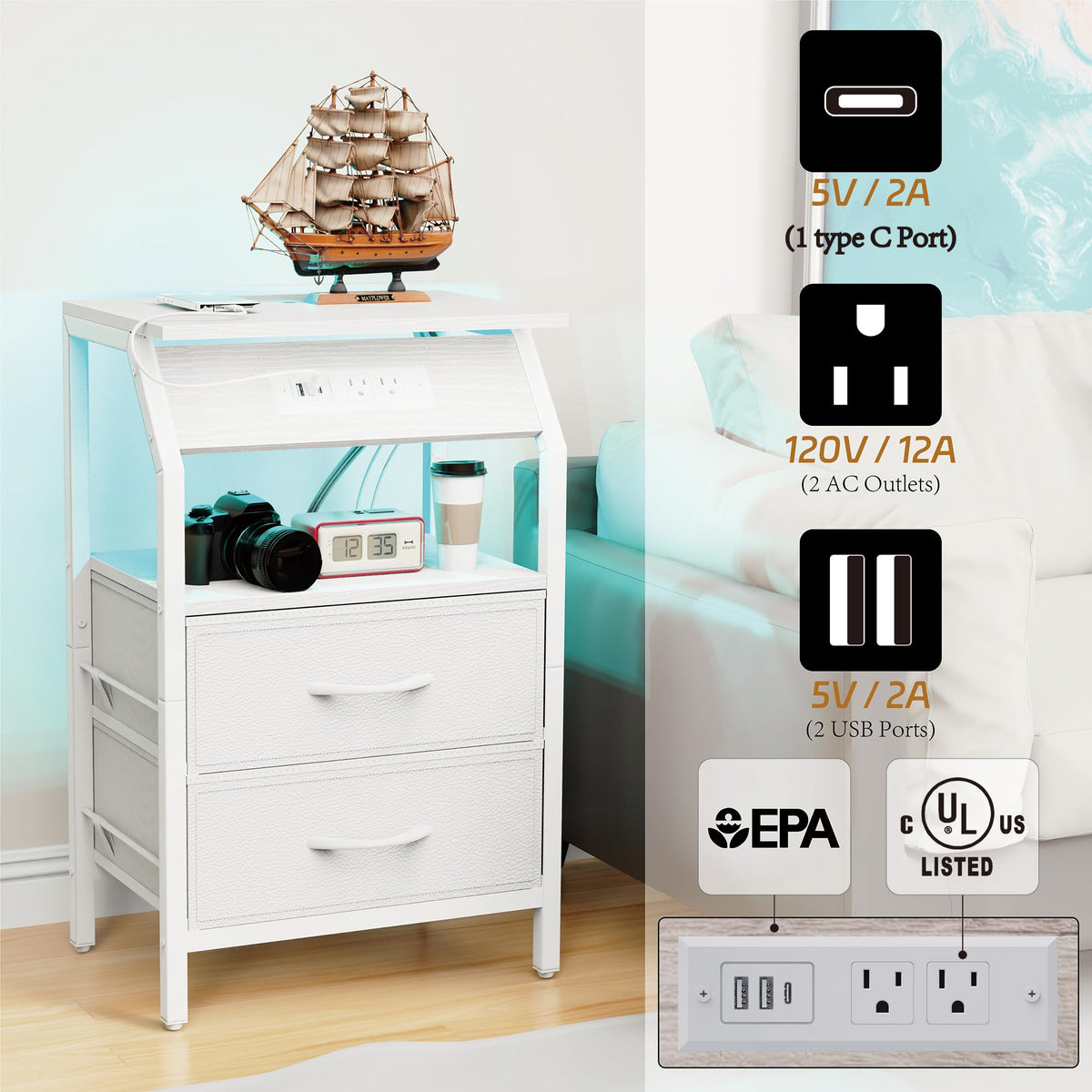 End Table with LED Lights, 2 Fabric Drawers and Charging Station X71079