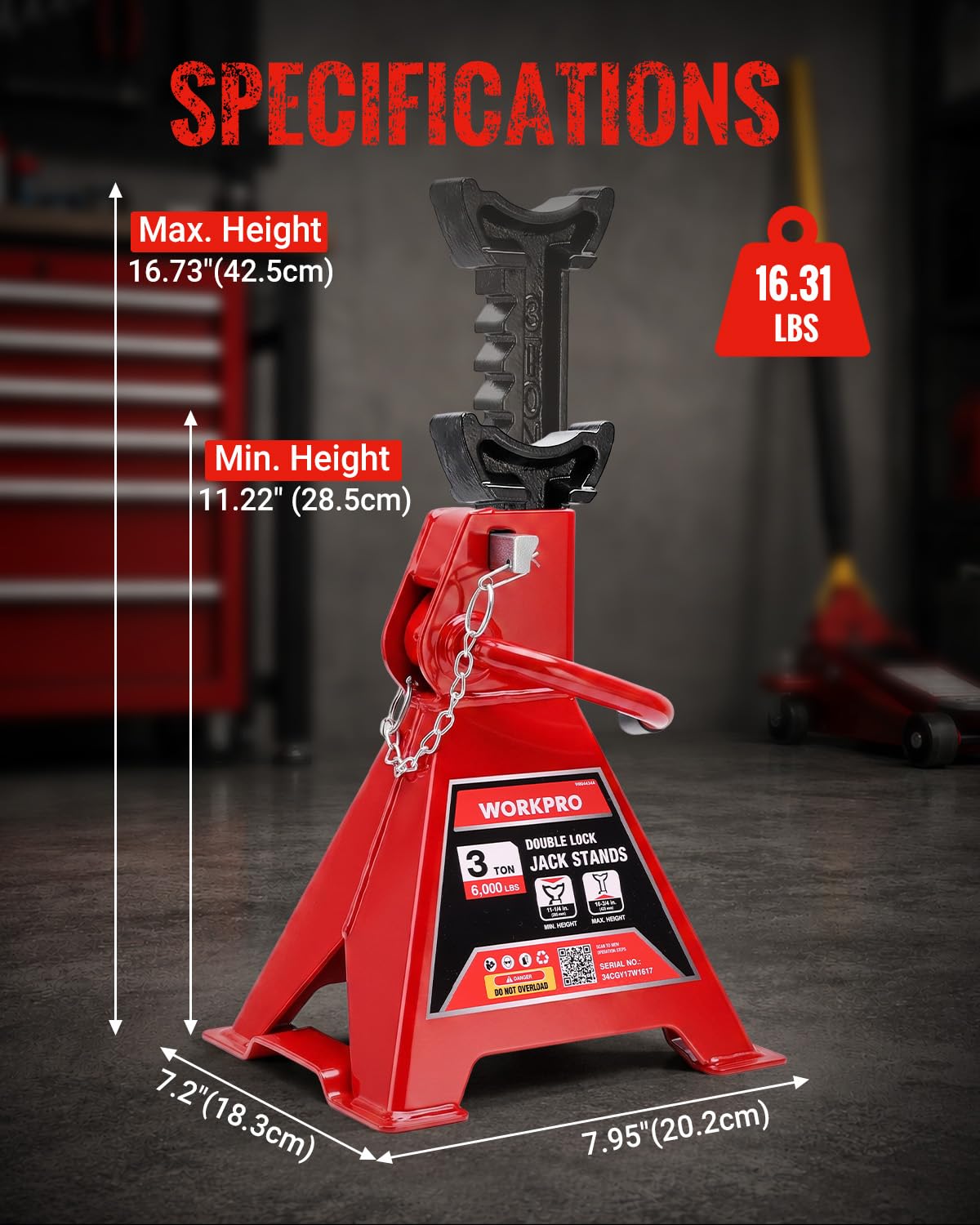 3 Ton Jack Stands with Double Lock, 1 Pair S100