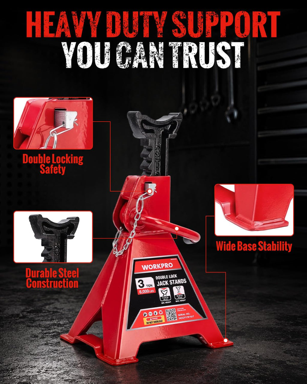 3 Ton Jack Stands with Double Lock, 1 Pair S100
