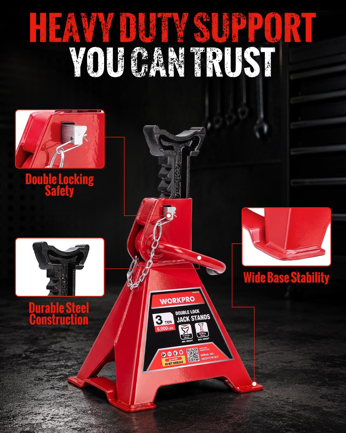 3 Ton Jack Stands with Double Lock, 1 Pair S100