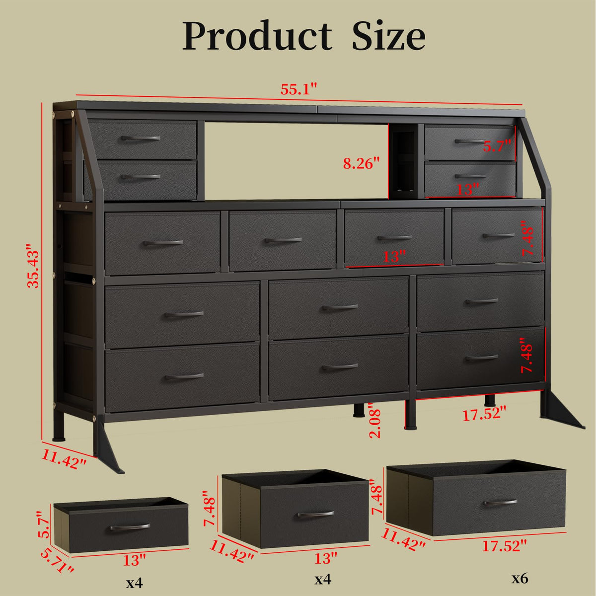 55" Black 14 Drawer Fabric Dresser with Open Shelf P348