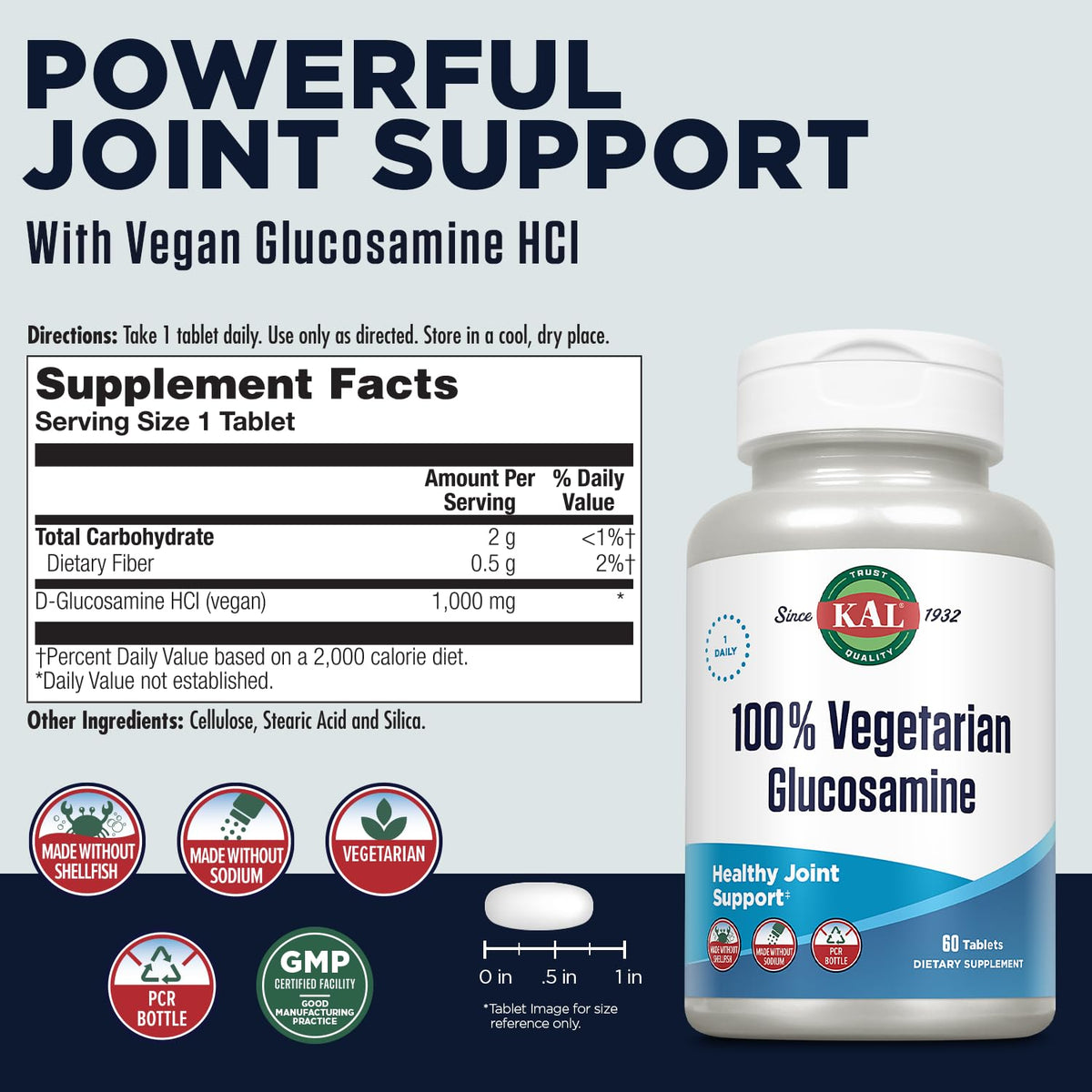 Vegetarian Glucosamine 1000 mg Joint Health Supplement 60 Tablets K7632