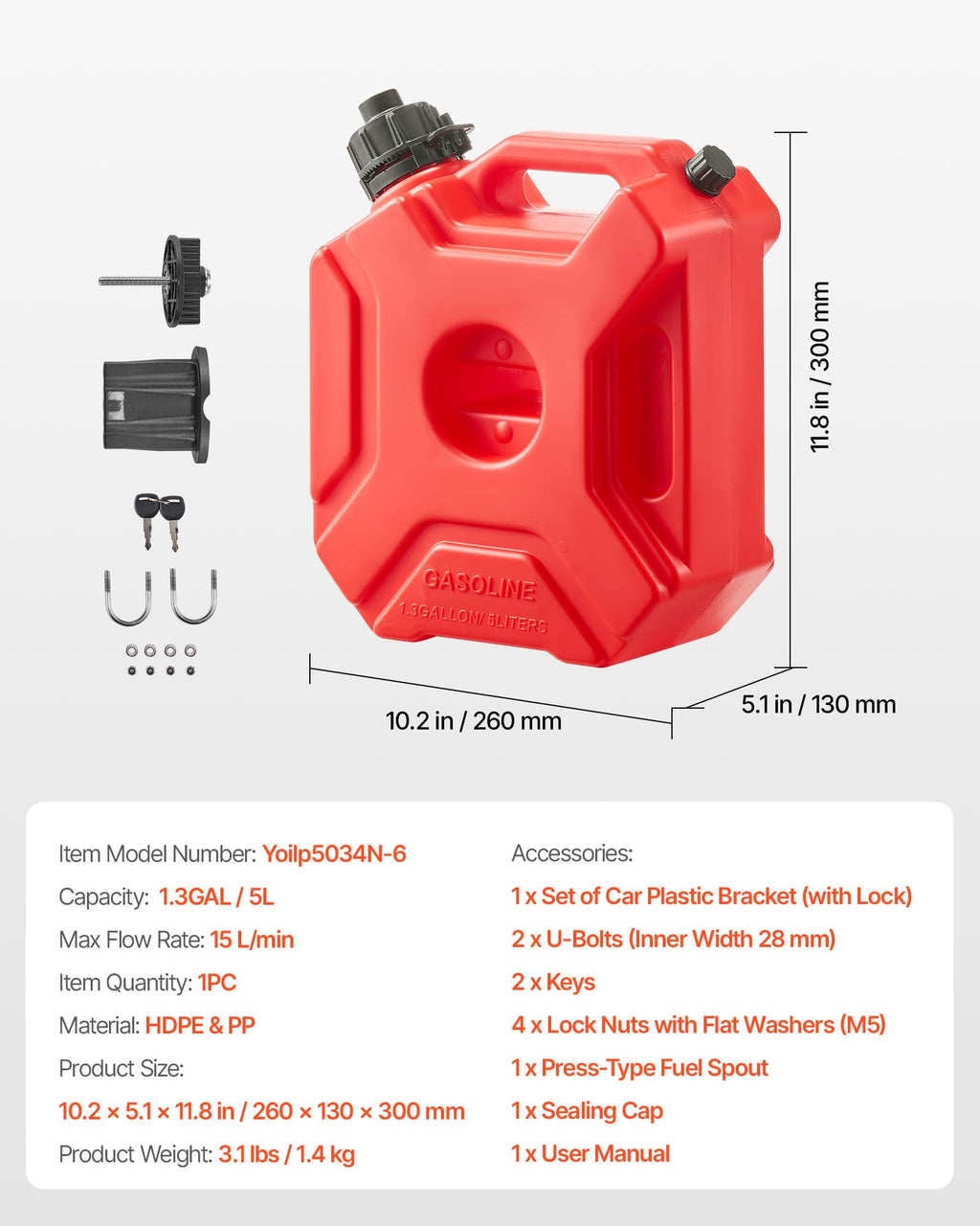 1.3 Gallon Gas Can with Spout and Lockable Bracket Z4528