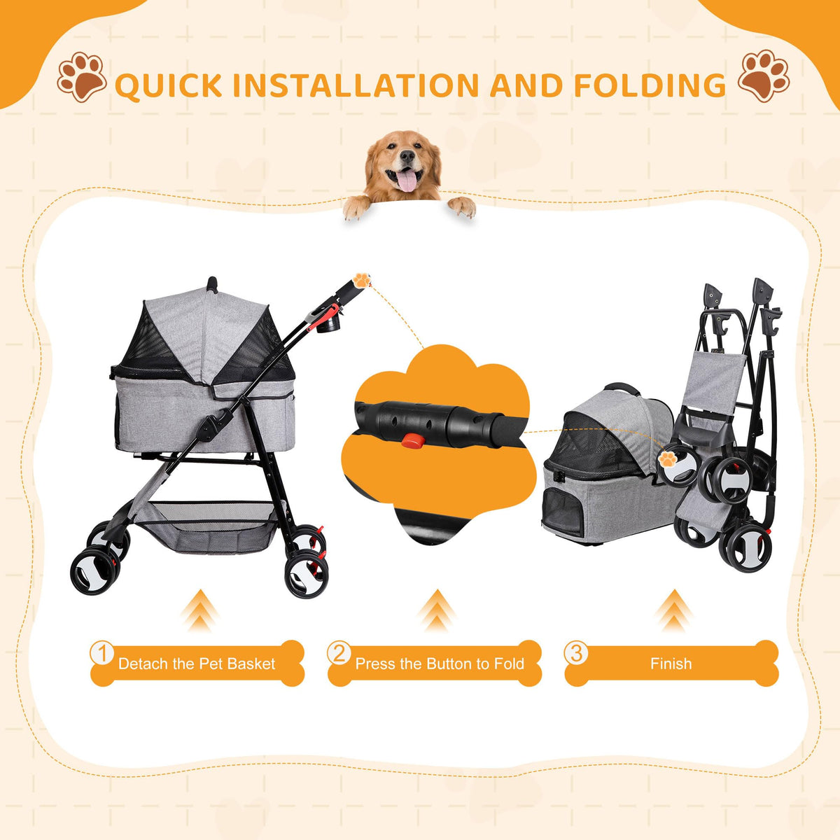 3 in1 Foldable Pet Stroller with 4 Wheels X847188