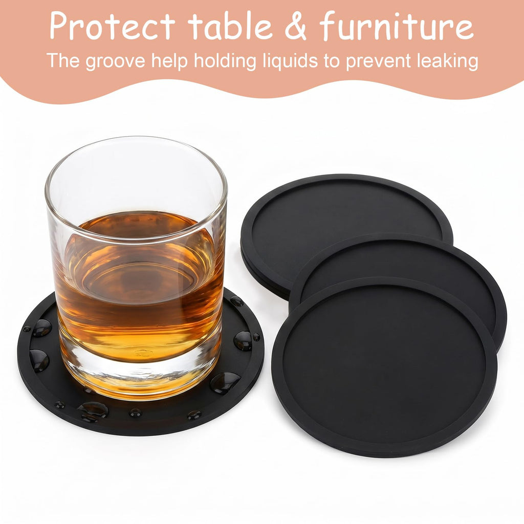 Black Set of 4 Round Silicone Coasters F841