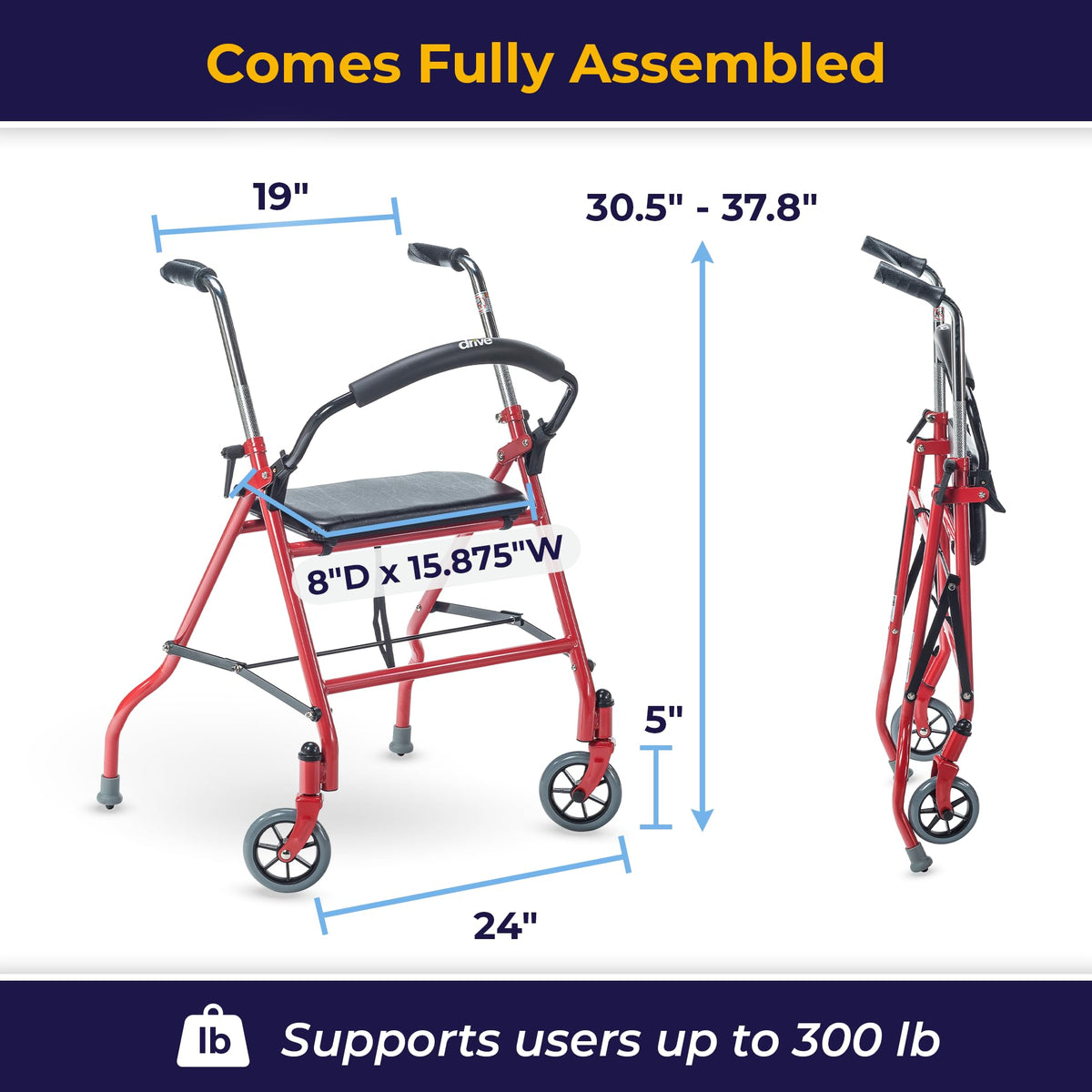 Foldable Rollator Walker with Seat, Red, 1 Count K8058