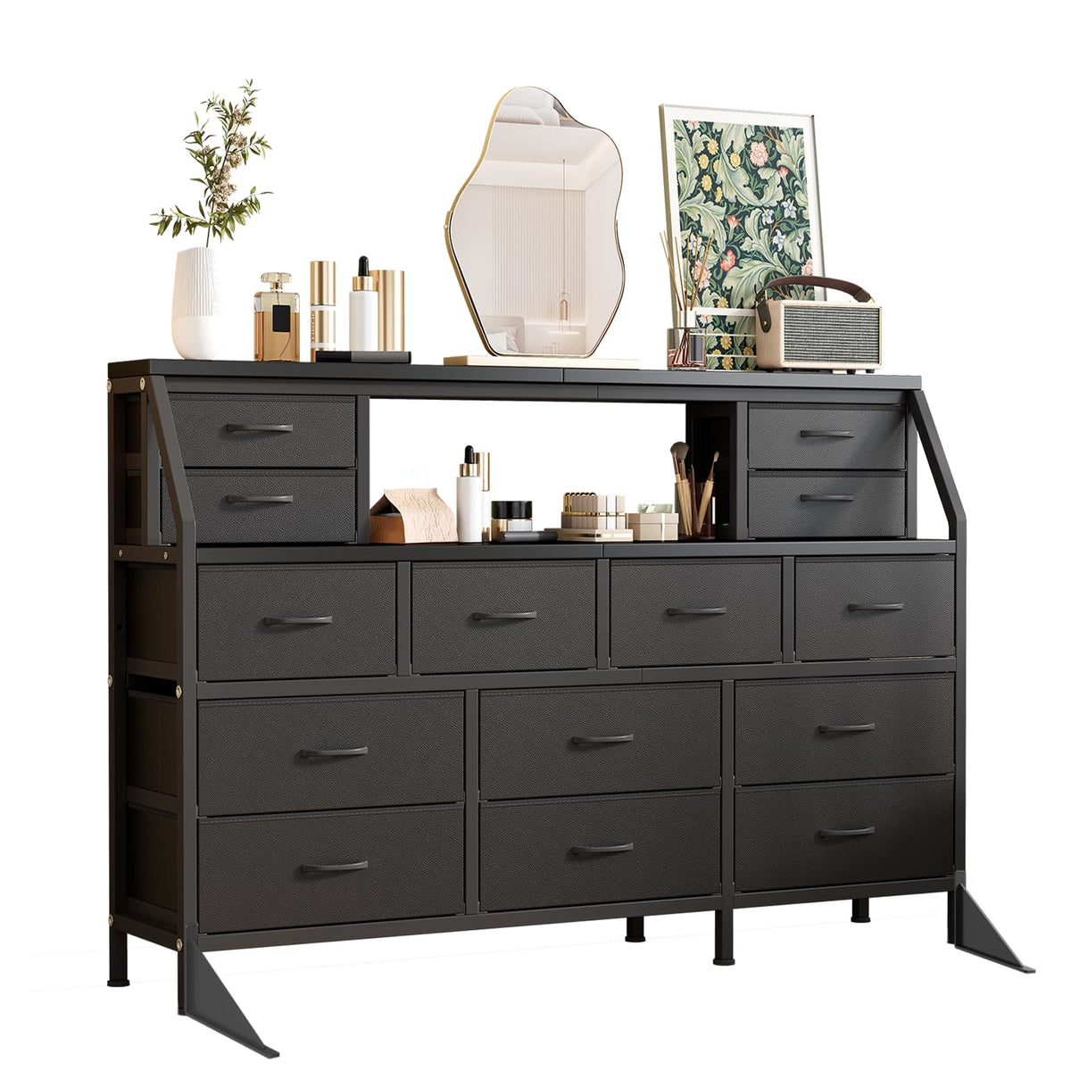 55" Black 14 Drawer Fabric Dresser with Open Shelf P348
