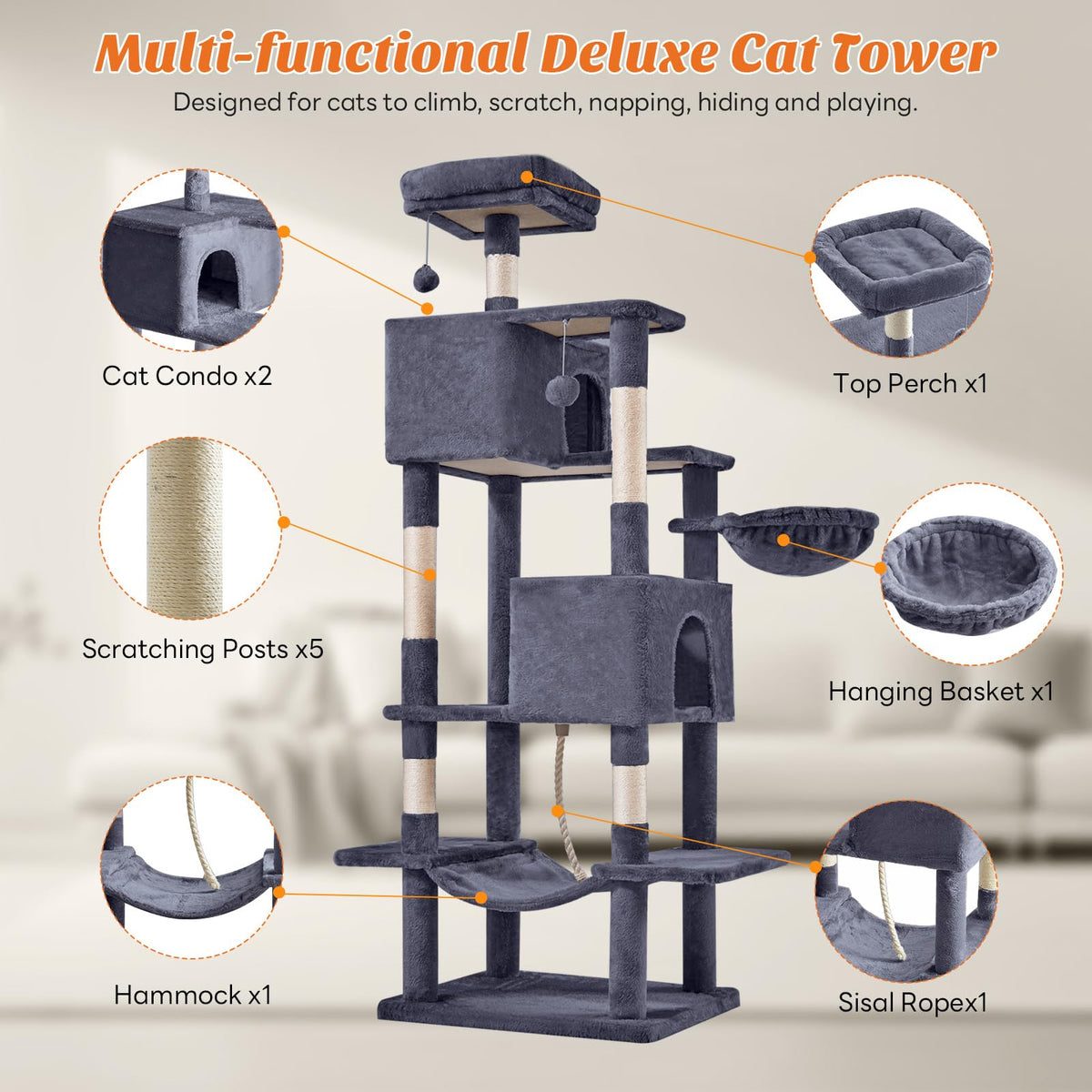 66 Inch Cat Tree Tower with Scratching Posts T864