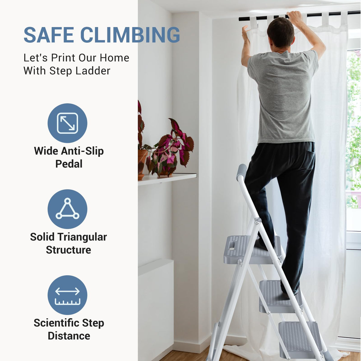 3 Step Ladder with Anti-Slip Pedal and Handrail, 800lbs, Grey J472351